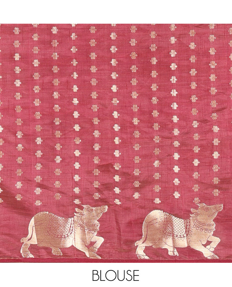 Brown Art Tussar Saree, Graced with Gold Zari Buttas All Over Its Body, Highlighted by a Zari Border of Pichwai Cow Motifs, Grandly Woven Pallu, and Paired with a Matching Blouse