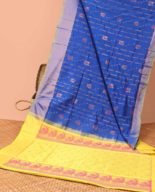 Blue kuppadam silk saree with peacock buttas, plain border & contrast pallu of floral designs