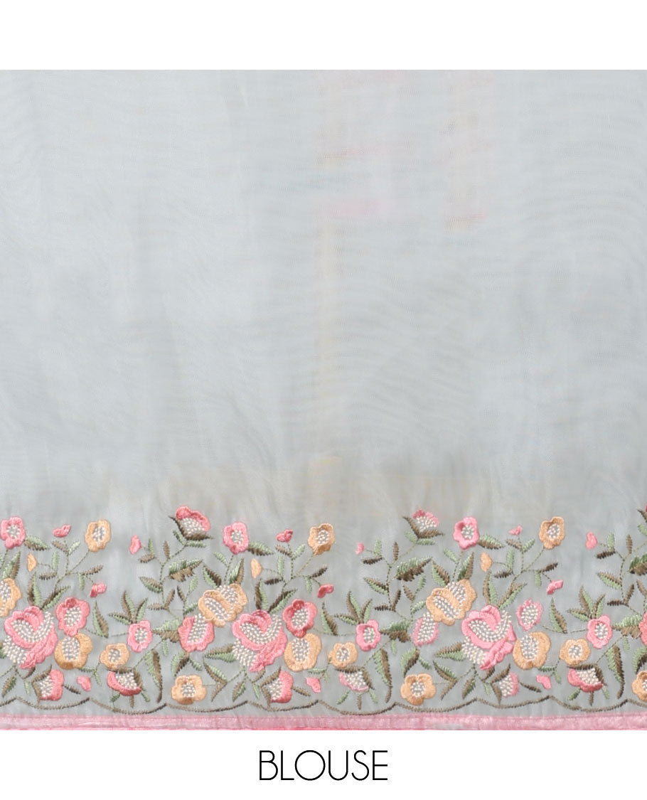 Light Blue motifs embroidery net designer saree with self floral border & floral embroidery pallu 
