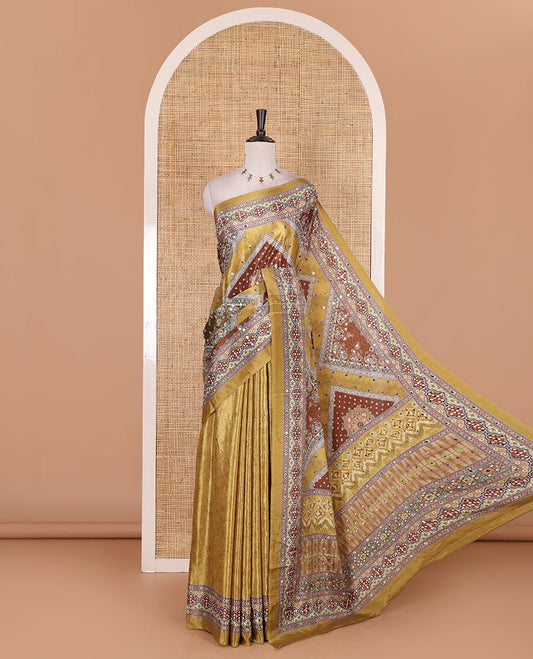 Mustard bandhani dots, geometric print, and mirrorwork masakali saree, printed border, printed and mirrorwork pallu, and a matching printed blouse
