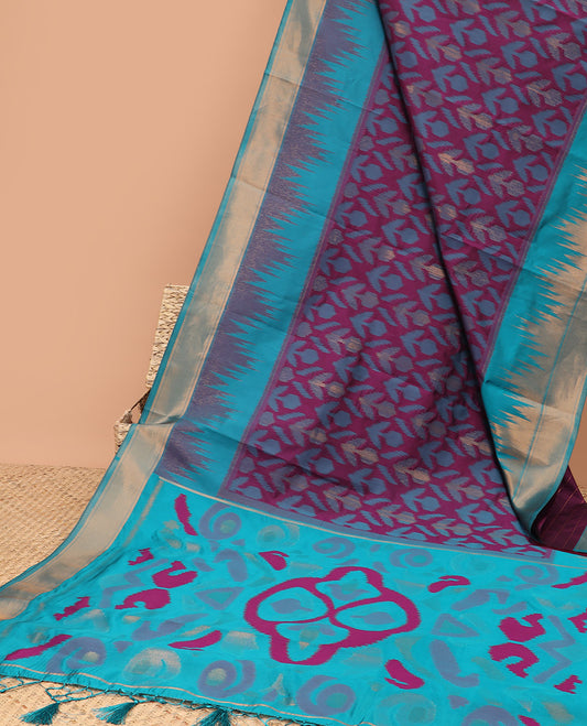 purple allover ikkat weaving design mulburry silk saree with contrast double side, temple zari border & ikkat weaving , rich pallu along with plain with zari border blouse