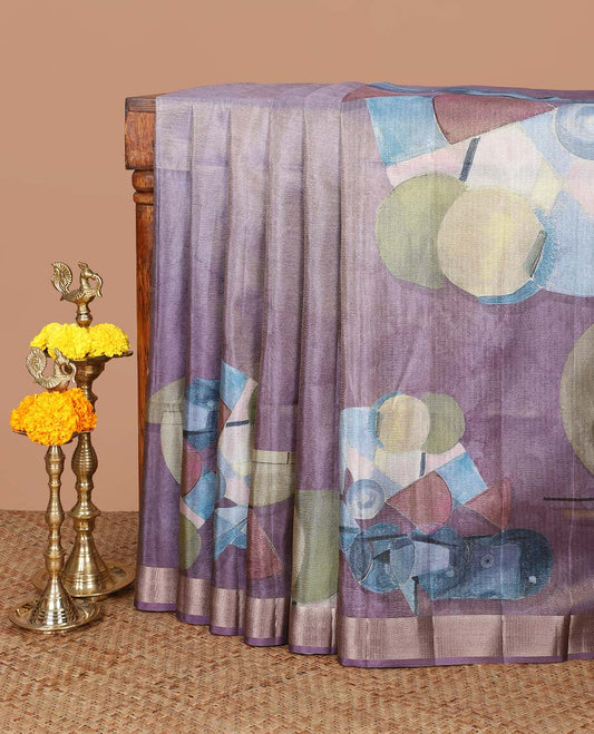 Lavender geometrical print crush tissue saree with zari border & tissue pallu along with plain blouse