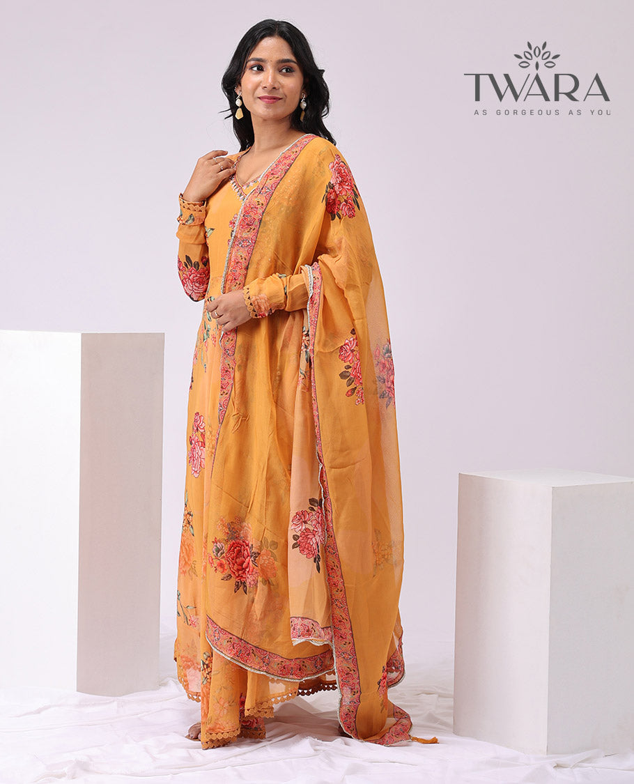 Twara orange floral design v neck, full sleeve, full lenght dress with floral design dupatta