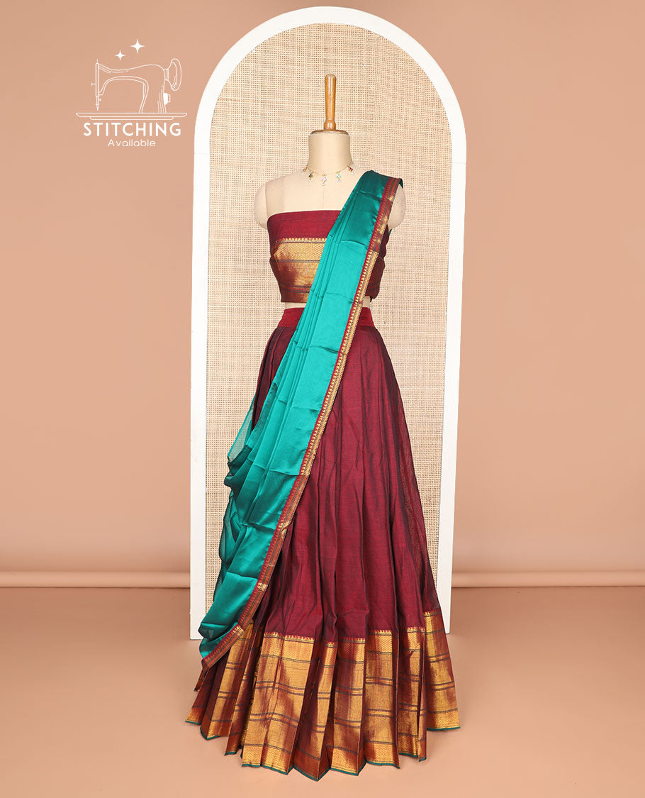 Maroon cotton half saree with geometric design border, zari design blouse & zari design border dhavani