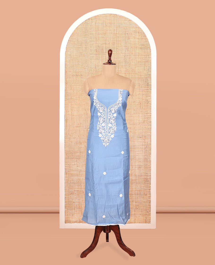 Ice Blue Mul Chanderi Material Chudidar Features Neck Work Top, a Matching Bottom, Embroidered Scallop Dupatta