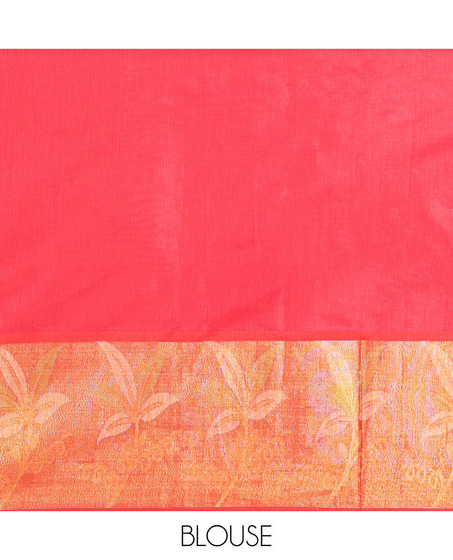Magenta Chanderi Cotton Saree, Beautified with Leaf Motifs on Its Body, Complemented by a Contrast Border of Leaf Designs, Pallu Steeped with Colorful Floral Designs, and Paired with a Contrast Blouse