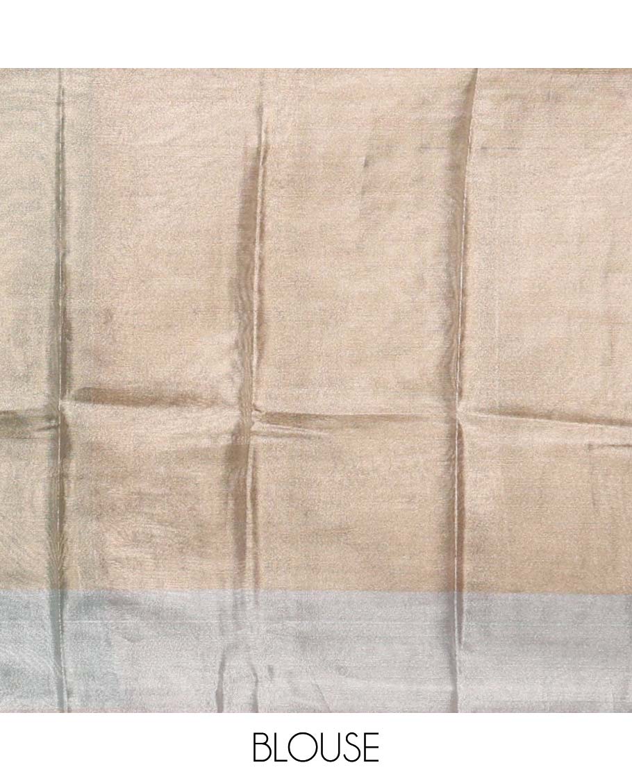 Rama blue plain tissue silk saree, silver zari bavanji border & contrast, gleaming golden color plain blouse