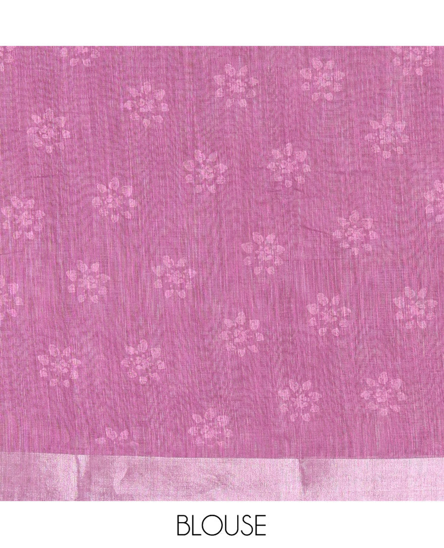 Chikku and Purple Linen Cotton Saree, Subtly Designed with Half-And-Half-Style Dual-Color Dye on Its Body, Complemented by a Contrast Bavanji Border, Pallu of Batik Print, and Paired with a Contrast Blouse