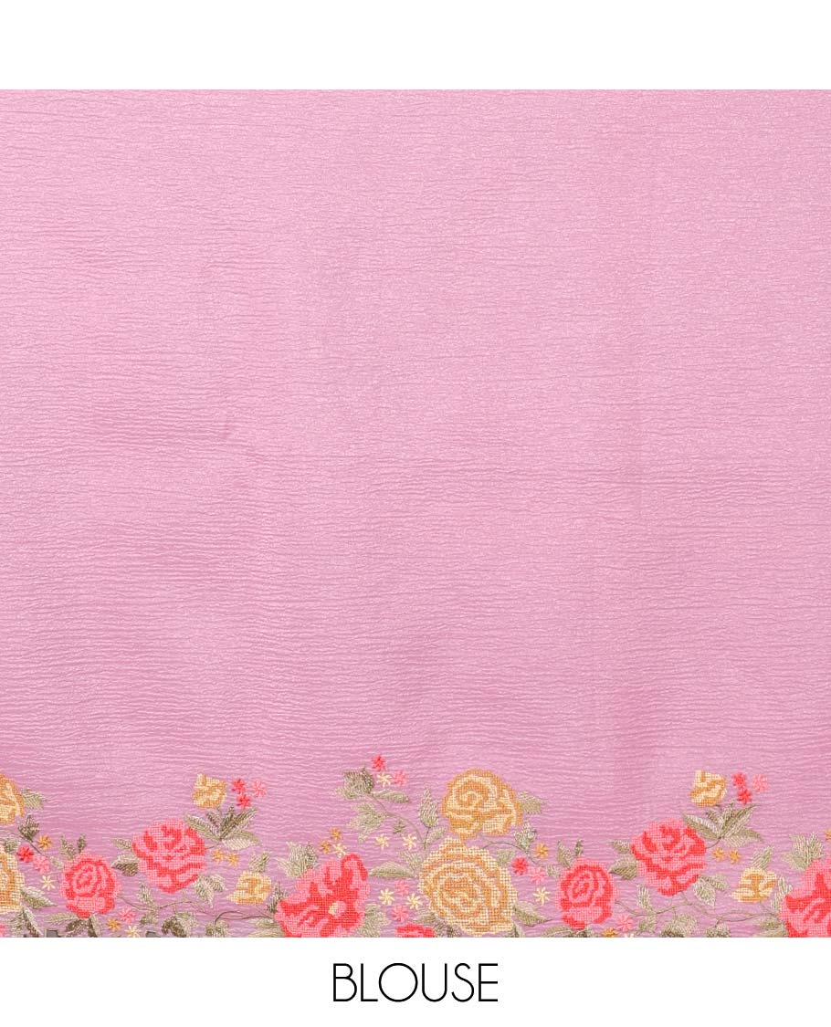 Yellow crushed tissue saree with scallop floral border & motif embroidery pallu