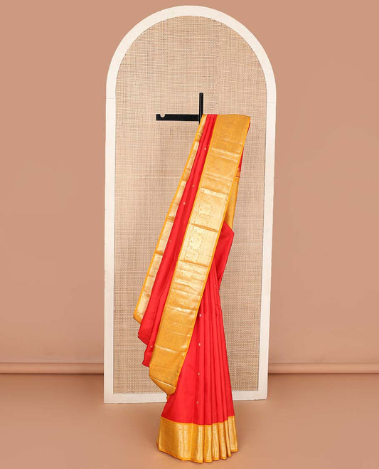 Red zari buttas Kanchipuram korvai silk saree, contrast neer korvai border of thilakam mokku, muthu, puli nagam, mayil and kuyil kann designs, and pallu of puli nagam designs
