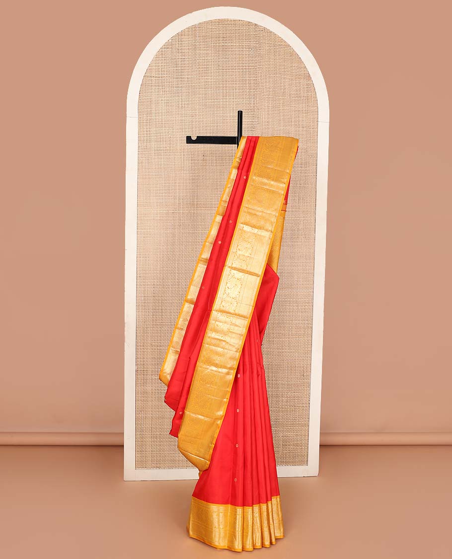 Red zari buttas Kanchipuram korvai silk saree, contrast neer korvai border of thilakam mokku, muthu, puli nagam, mayil and kuyil kann designs, and pallu of puli nagam designs