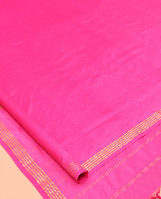 Rani Pink Zari Buttas Nine-Yard Saree, Highlighted by a Zari Traditional Border, Self-Pallu of Buttas and Stripes, and No Blouse