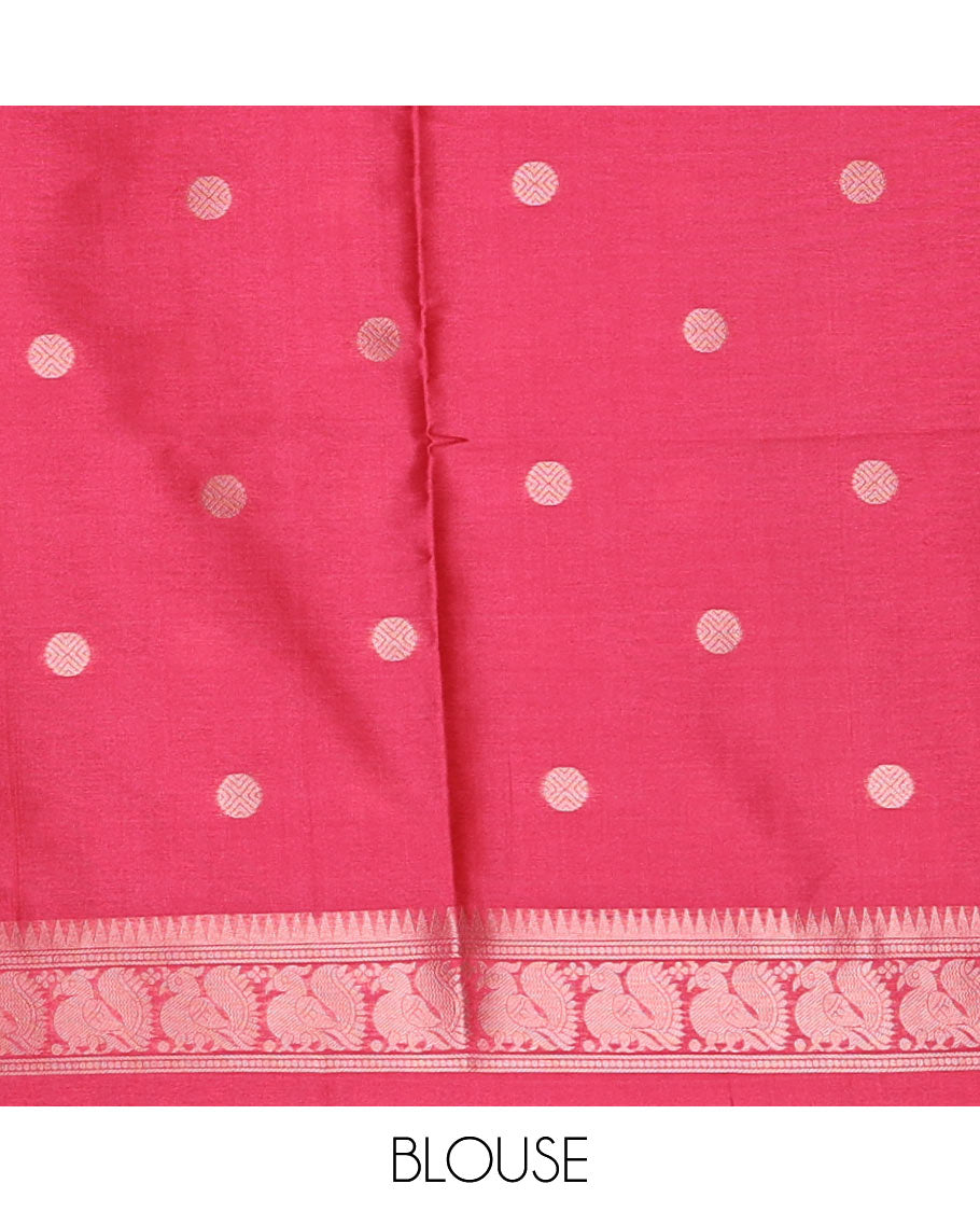 Magenta temple & rudraksham motifs fancy tussar saree, contrast traditional zari peacocks border, pallu of peacock & mughal floral design, & contrast zari blouse
