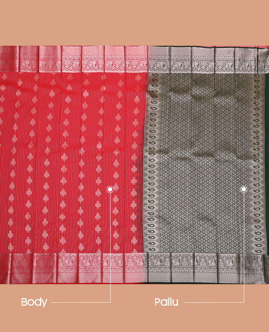 Red Budget Silk Saree, Impeccably Styled with Zari Buttas All Over Its Body, Highlighted by Traditional Zari Design Border, Complemented by Contrast Intricately Designed Pallu, and Paired with a Contrast Blouse