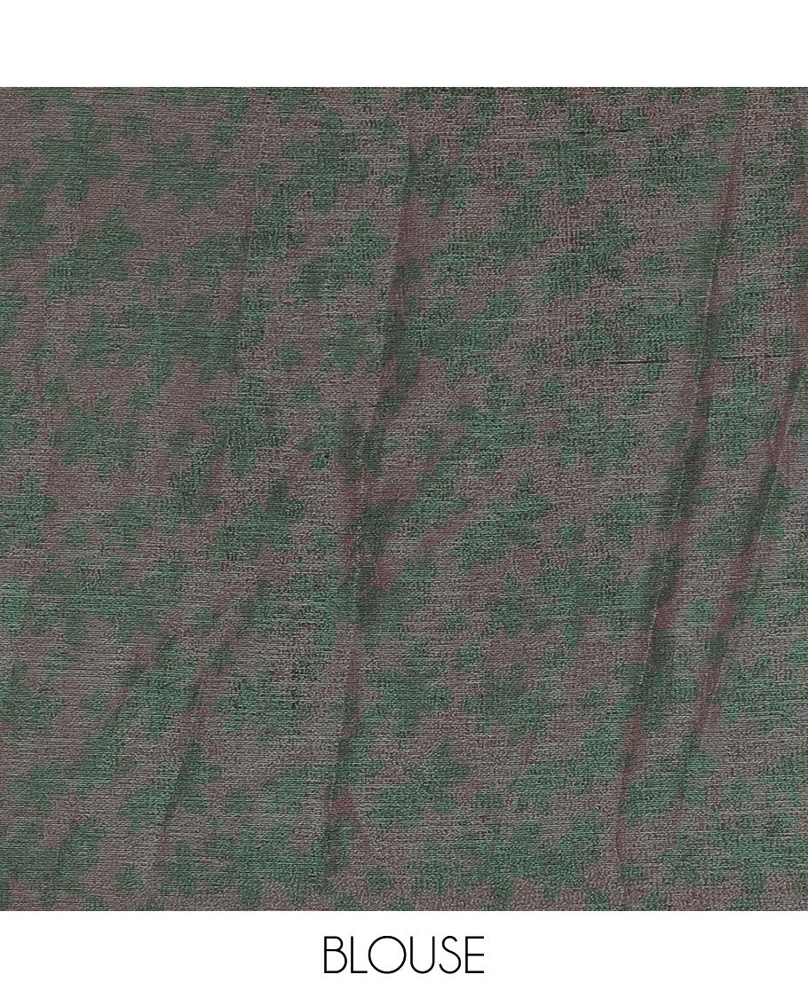 Borderless dark grey plain design viscose saree, flower motifs printed matching blouse