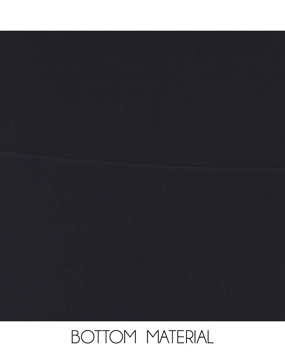 Black and white Italian crepe material churidar set, geometric printed top, plain bottom, and dupatta of floral and geometric print