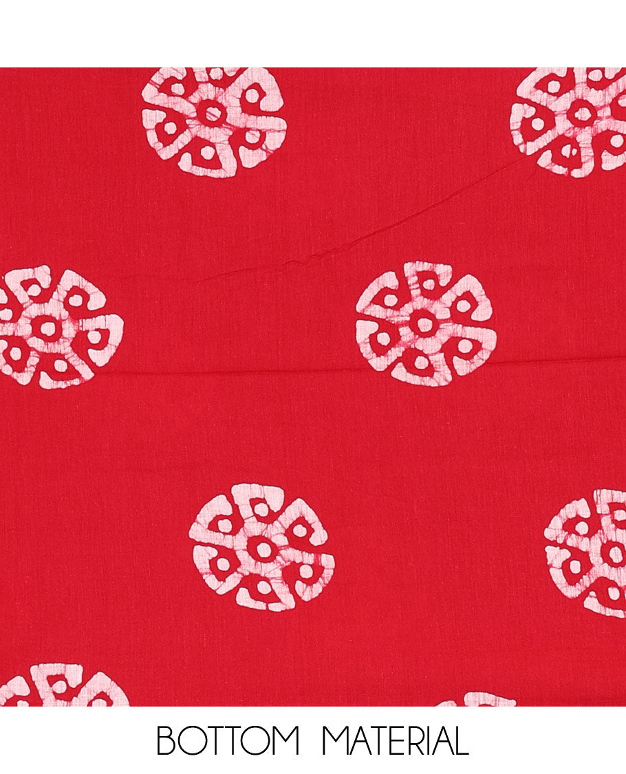 Red maroon material chudidar set, polka dots batik printed modal chanderi top, batik motifs printed bottom, and a batik motifs printed modal chanderi dupatta