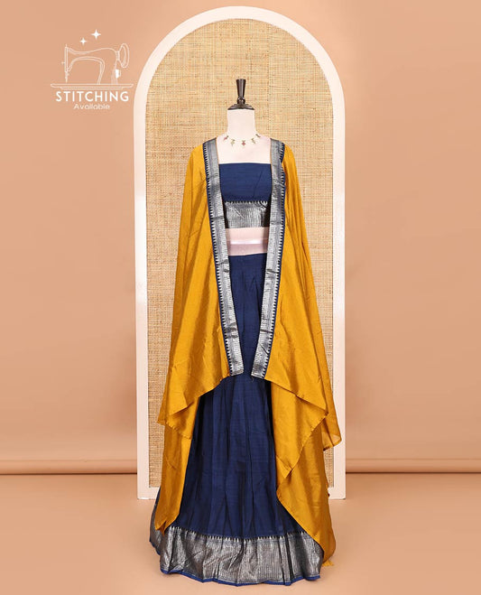 Navy blue-mustard Mercerised cotton half-saree, plain & contrast temple geometric border skirt, matching blouse & contrast zari border Vichitra silk dhavani