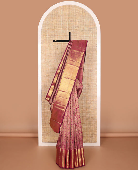 Dark pink floral design silk saree with self border of paun, vanki, banaras design & zari design pallu