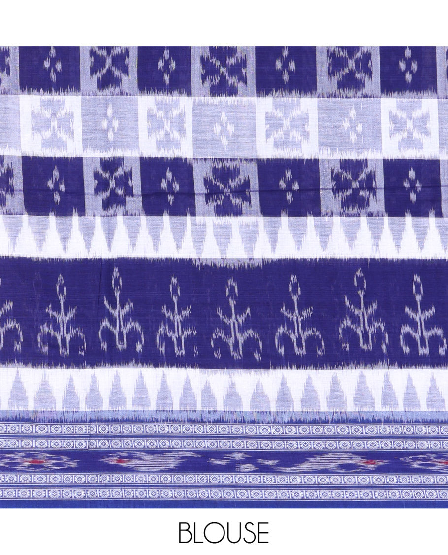 Blue Odisha Cotton Saree, Embellished with Butta Enclosed Checks and Temple Designs All Over the Body, Subtly Woven Border, Pallu Depicts Geometric Patterns, and Paired with a Matching Blouse