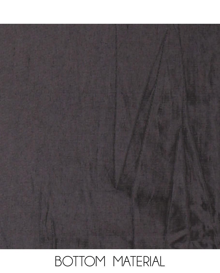 Black and orange material churidar set, neck leaf print with mirror work Vichitra silk top, plain santoon bottom, and leaf printed shimmer georgette dupatta