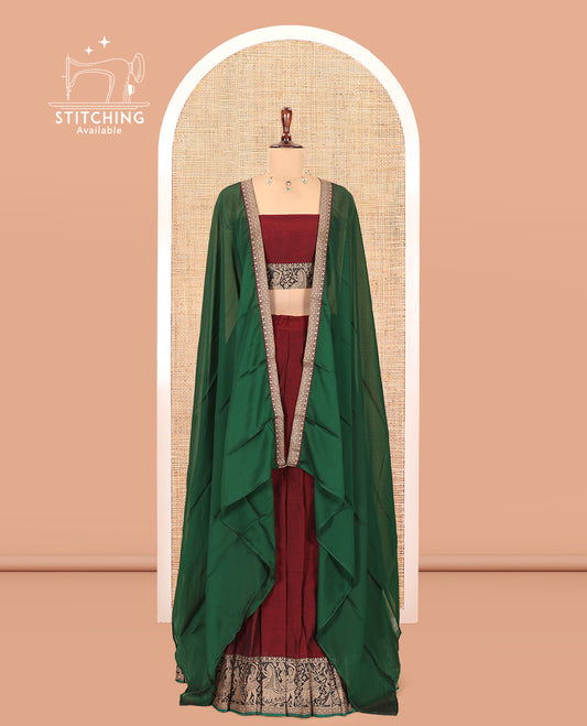 Maroon Mercerised Cotton Half-Saree Features a Plain Skirt, a Bridegroom Motif Border, a Matching Blouse, a Contrast Dhavani