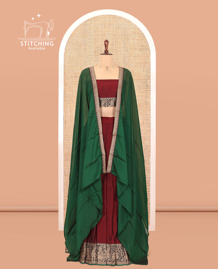 Maroon Mercerised Cotton Half-Saree Features a Plain Skirt, a Bridegroom Motif Border, a Matching Blouse, a Contrast Dhavani