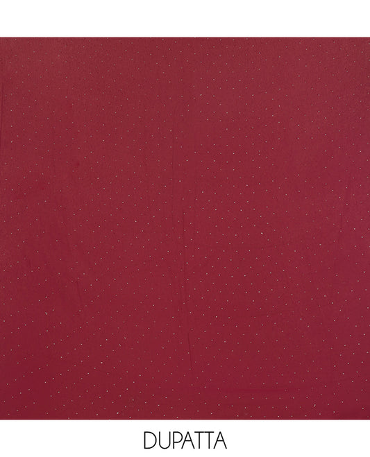 Magenta Material Churidar Set, Swarovski Stone Work Fox Georgette Top, Comes with a Plain Santoon Bottom, and a Scallop Swarovski Stone Work Fox Georgette Dupatta