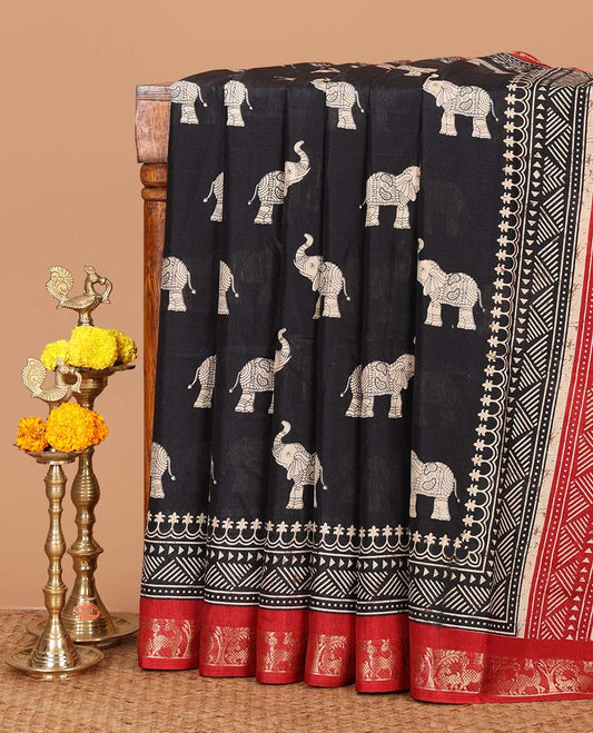 Black elephant motifs hand-block printed Assam cotton saree,contrast deer & tree zari border, floral print pallu & floral print blouse