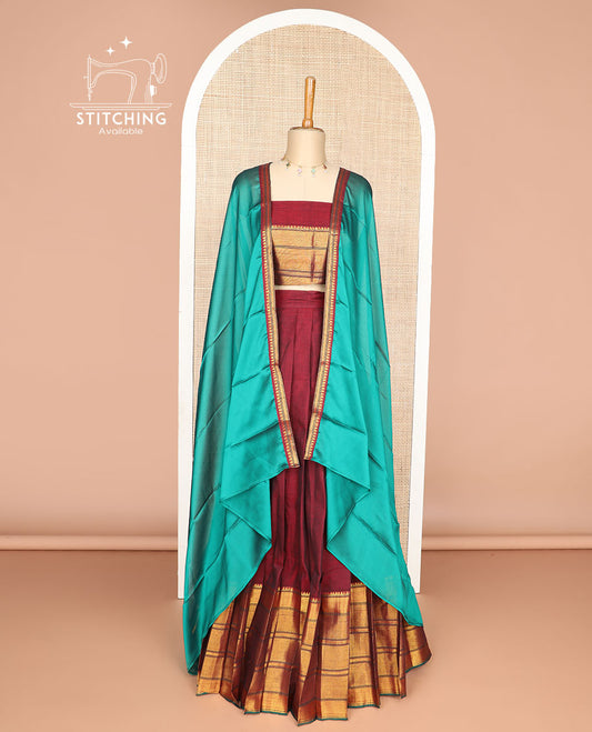Maroon cotton half saree with geometric design border, zari design blouse & zari design border dhavani