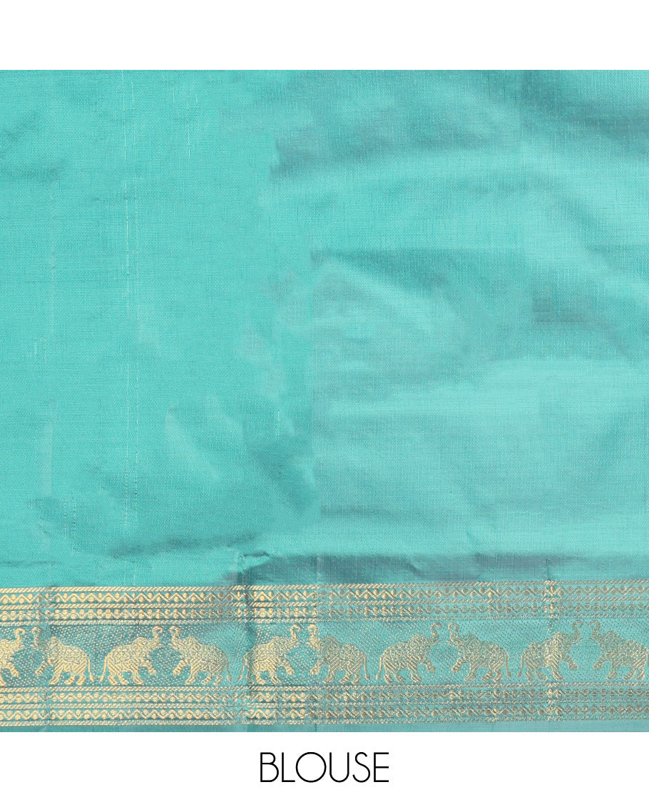 Green Banana Pith Saree, Subtly Woven with Thread Buttas, a Contrast Traditional Zari Border, Pallu of Stripes and Buttas, and a Contrast Blouse
