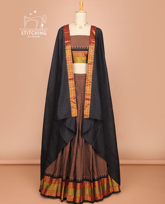 Brown cotton half saree with contrast rettai pettu zari design border, zari design blouse & plain, floral design border dhavani