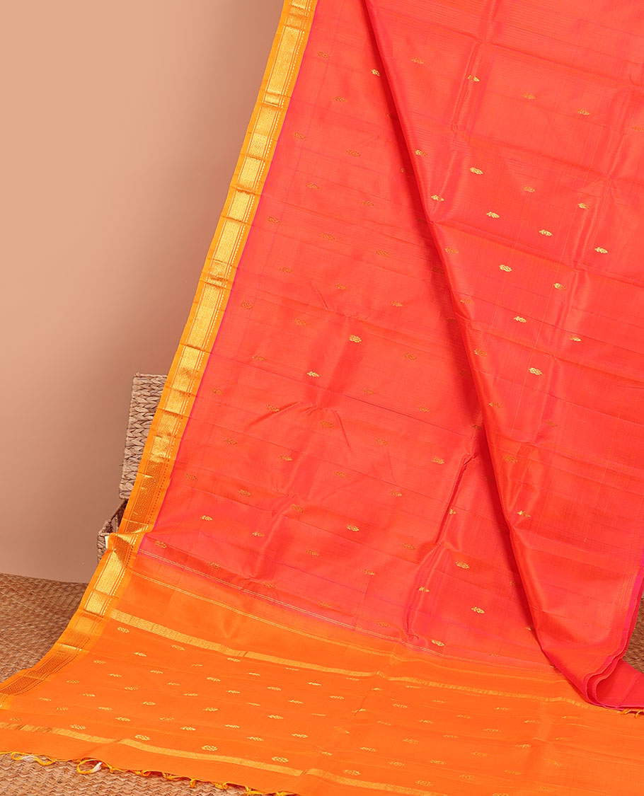 Orange floral buttas kancheepuram silk saree with contrast border of rekku,banaras , jaal designs & striped,floral buttas pallu