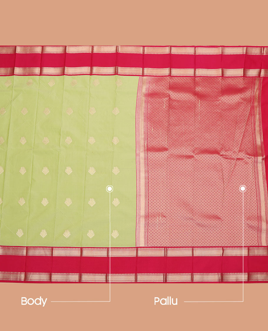 Green Budget Silk Saree, Subtly Woven with Peacock Buttas All Over Its Body, Complemented by a Contrast Traditional Zari Design-Woven Rettai Pettu Border, Grandly Jaal Design Woven Pallu, and Paired with a Contrast Blouse
