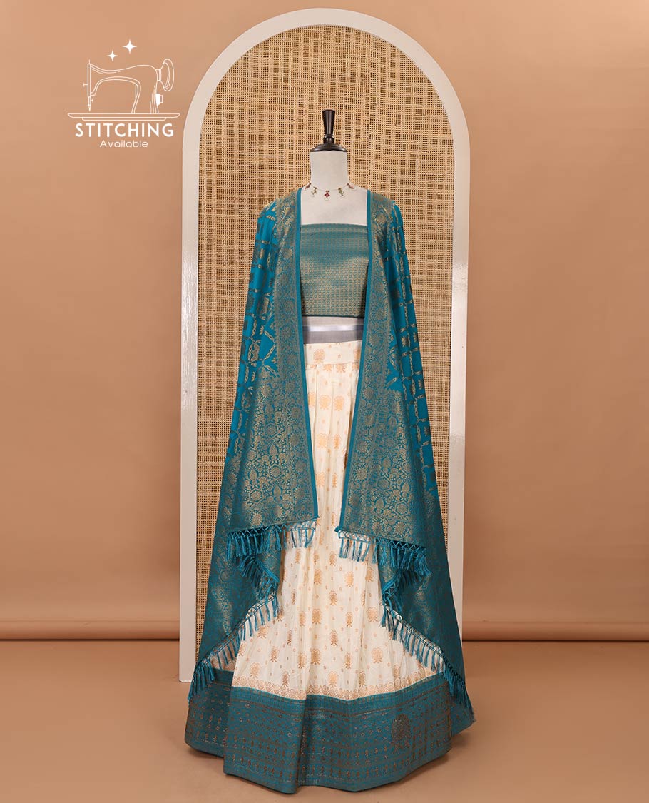 Cream semi-banaras half-saree, zari buttas & contrast Swarovski stonework traditional border skirt, jacquard blouse & contrast jaal jacquard blue dhavani