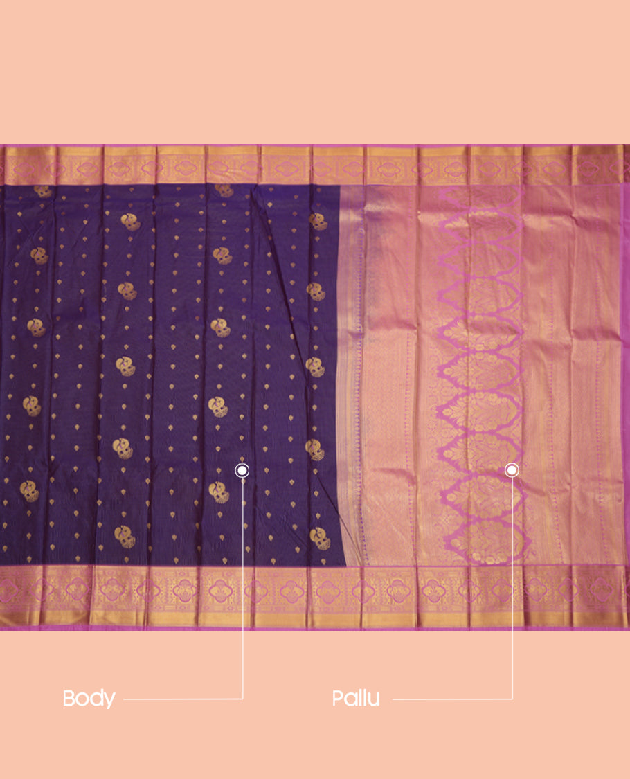 Purple Budget Silk Saree, Decorated with Stripes and Peacock Buttas, a Contrast Traditional Elephant Zari Border, a Grand Pallu and a Contrast Blouse