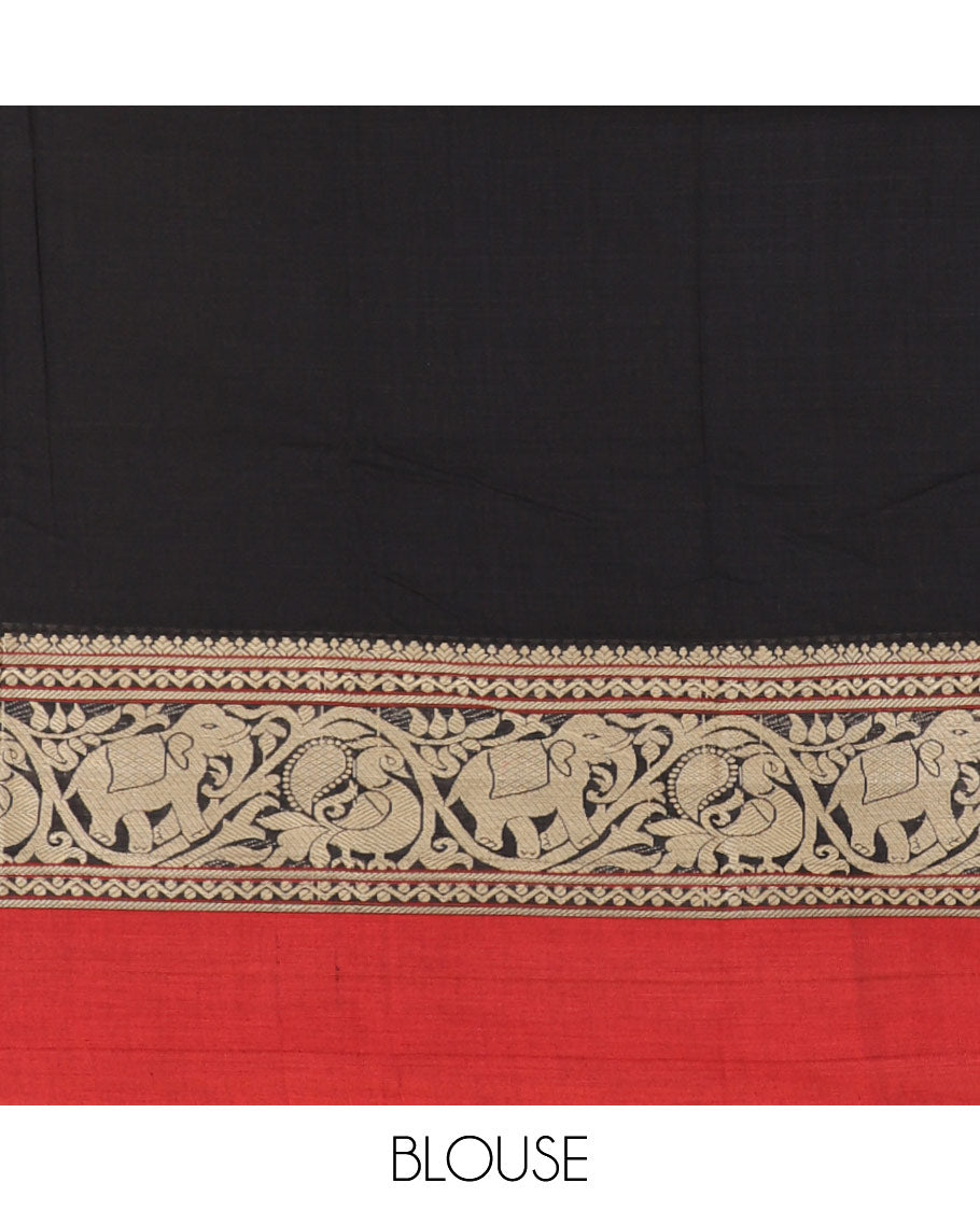 Black plain mercerised cotton saree, contrast traditional border of peacock, and elephant motifs, striped pallu, and a matching blouse