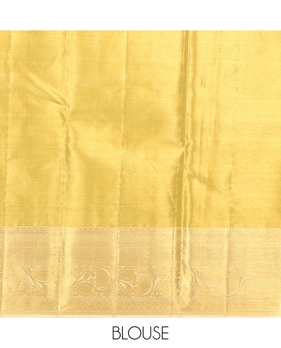 Green  floral vine design kancheepuram tissue silk saree, self border of muthu, banaras, manga design & intricate zari pallu