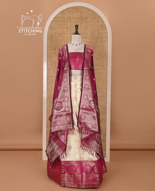 Cream-purple semi-banaras half-saree, zari buttas & contrast traditional zari border skirt, jacquard blouse & intricately zari woven dhavani