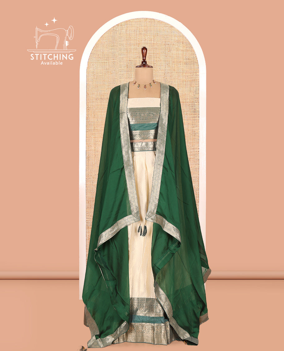 Cream-Green Semi-Silk Half-Saree