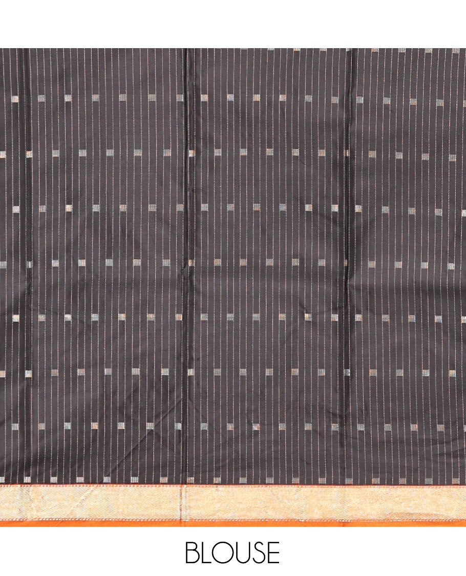 Black Budget Silk Saree, Detailed with Stripes  and Buttas, Contrast Traditional Zari Border, Self-Pallu, and a Matching Blouse