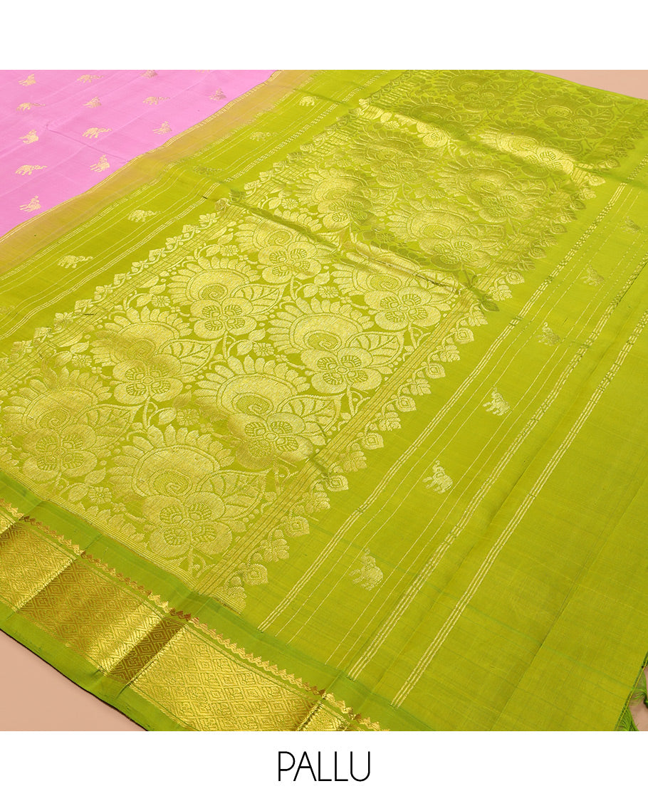 Pink Kanchipuram Silk Saree,  Woven with Yaanai Buttas, a Contrast One-Sided Thazampoo Rekku Border of Panner Sombu, Banaras, Muthu, and Mayil Kann Designs, Floral Pallu, and No Blouse