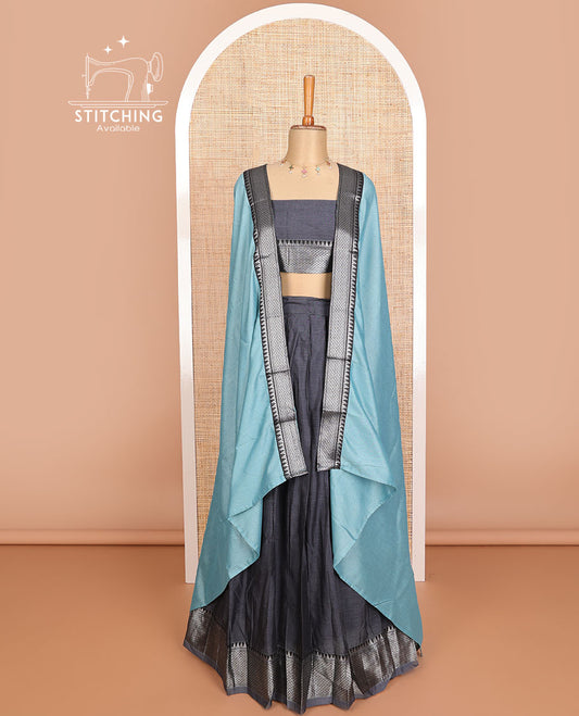 Black cotton half saree with contrast traditional zari design border, zari design blouse & plain, zari design border dhavani
