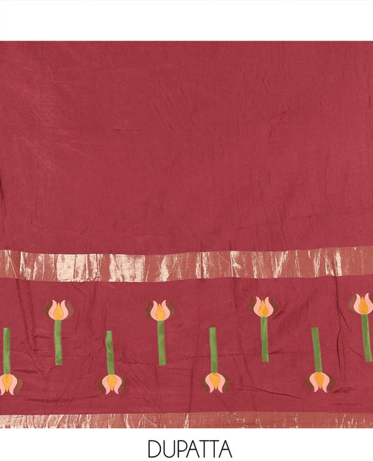 Maroon Mul Chanderi Material Chudidar Features Jamdani-Floral Top, Plain Bottom, Jamdani-Floral Dupatta