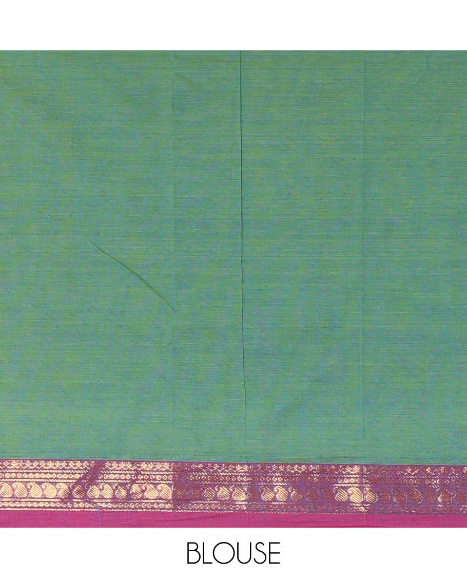 Green vanasingaram style flora-fauna motifs, Chettinad cotton saree, contrast traditional zari border, striped pallu, and contrast blouse