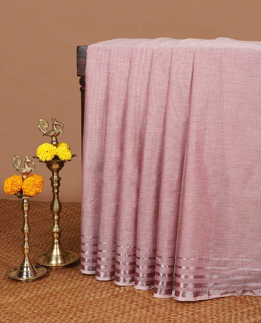 Onion pink linen mix cotton saree with silver zari border & contrast pallu along with contrast blouse