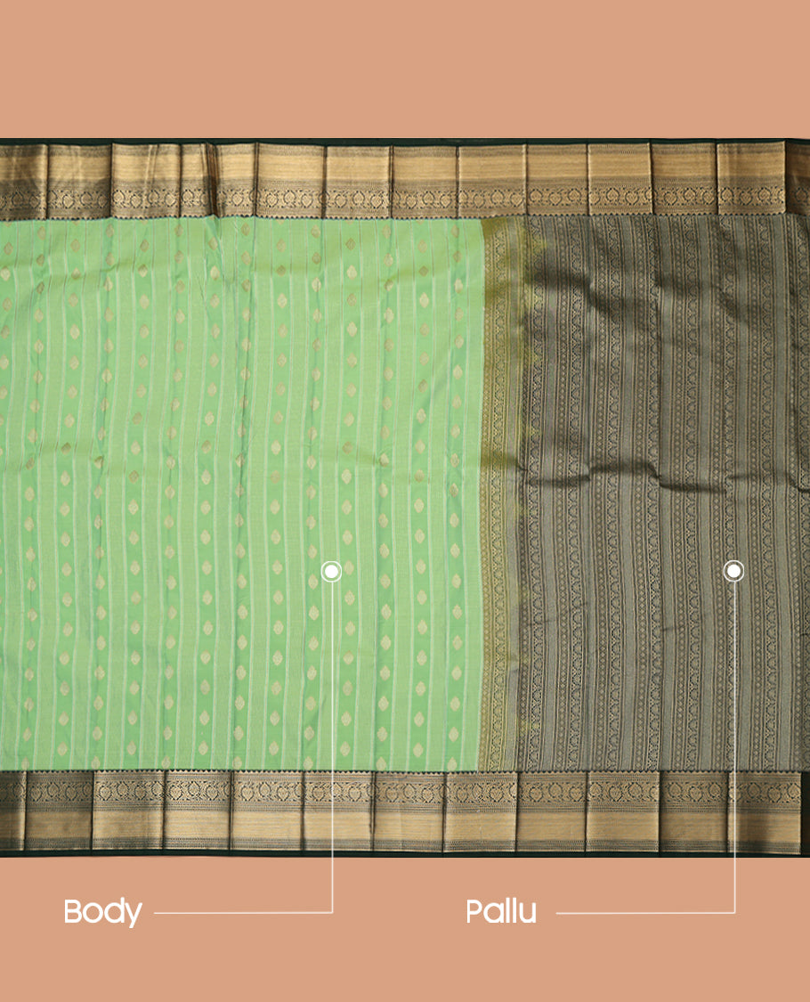 Green Budget Silk Saree, Enthralled with Zari Buttas and Stripes, a Contrast Traditional Zari Border, Grand Pallu, and a Contrast Blouse