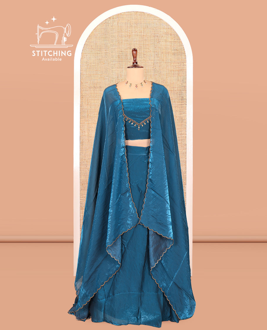 Peacock Blue Fendi Organza  Half-Saree, Plain Skirt, Matching Embroidered Blouse, Matching Scallop Dhavani