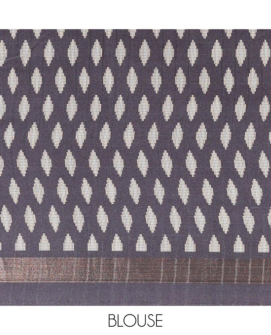 Grey small weaving type printed khicha temple design , zari piping border contrast lining with tussels pallu along with small buttas printed blouse