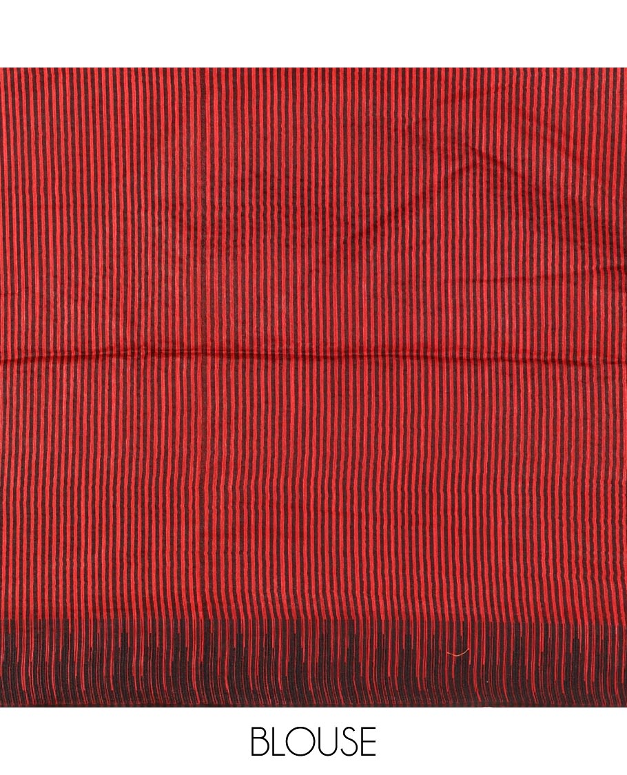 Red plain stable staple cotton, contrast temple border, striped pallu & vertical striped blouse